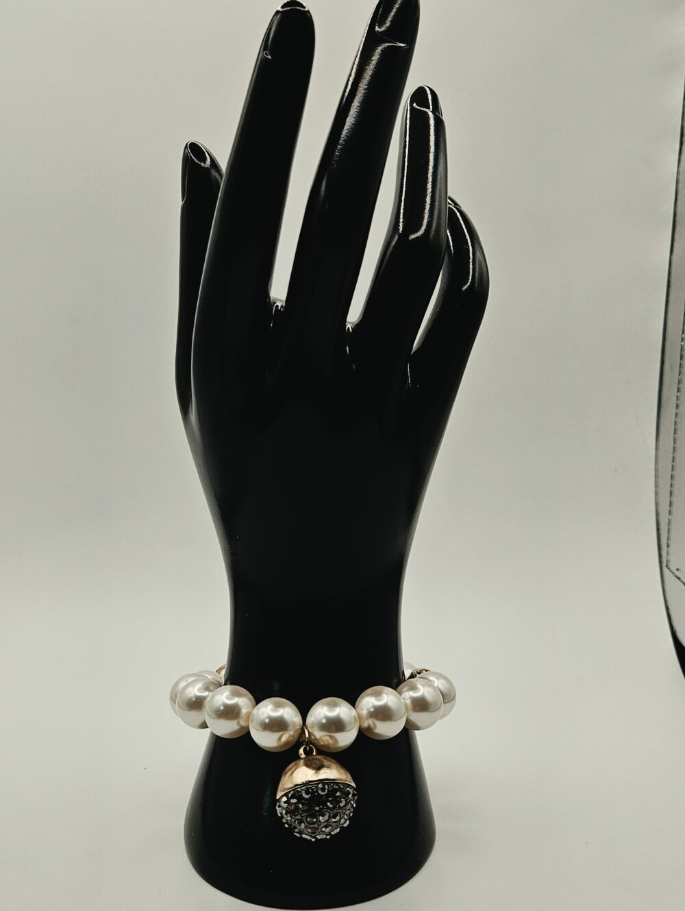 Chicos Faux Pearl Necklace Bracelet Set Pave Rhinestone Disco Ball 21" - Picture 5 of 10